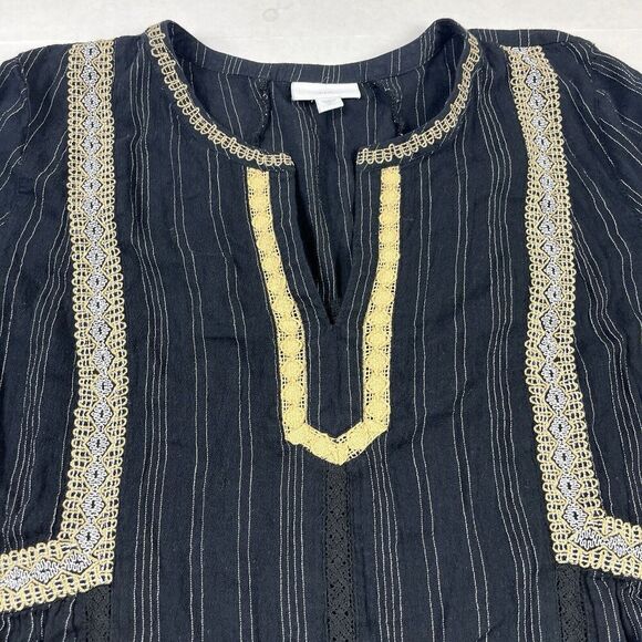 J.Jill Blouse Striped Embroidered Crochet Trim Shirt Long Sleeve V-Neck MEDIUM - Picture 3 of 10